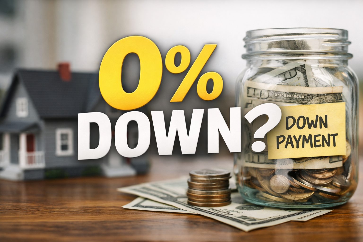 Graphic showing a savings jar, coins, and a home model with text referencing zero percent down payment options for buying a home in Johnson County.