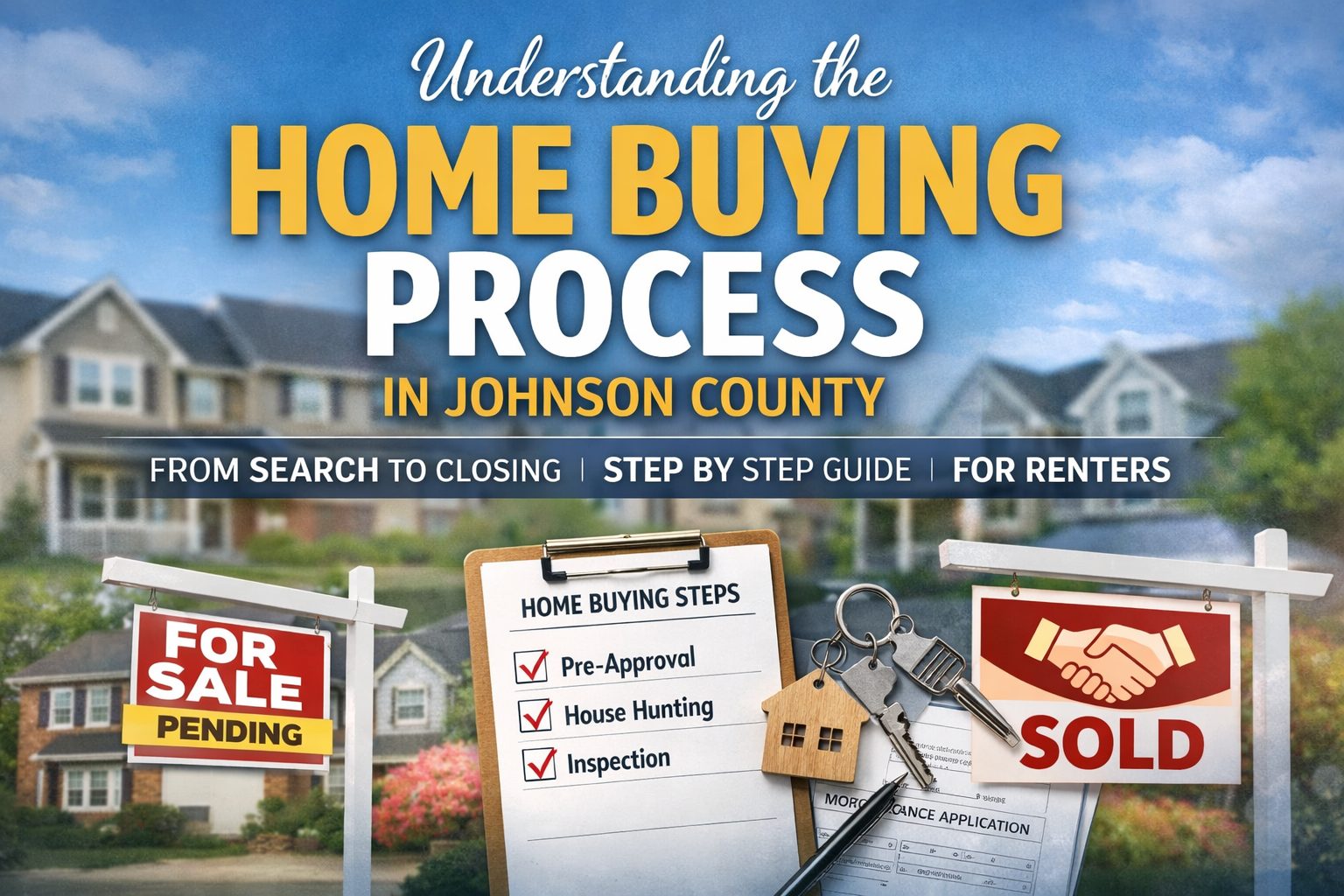 Feature image illustrating the home buying process in Johnson County with steps like pre approval, house hunting, and inspection alongside real estate visuals.