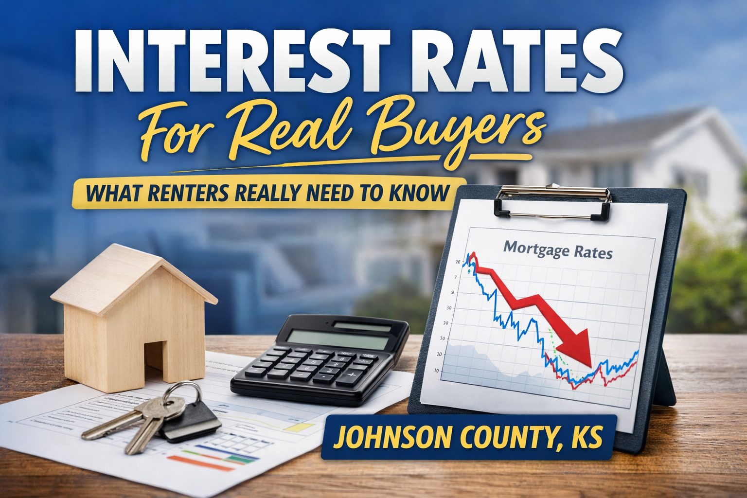 Graphic illustrating interest rates for home buyers with a calculator, house keys, a home model, and a mortgage rate chart, focused on renters in Johnson County, Kansas